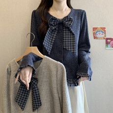 批发实拍~大码胖MM新款设计感格子荷叶边拼接遮肉显瘦开衫蝴蝶结上衣