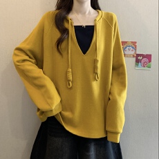 批发实拍~大码 胖MM<b class='q'>秋</b>冬新款假两件套头卫衣小众抽绳遮肉显瘦上衣女