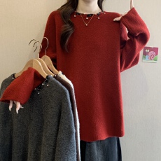 批发实拍~大码 胖MM<b class='q'>秋</b>冬新款设计感红色毛衣圆领系带蝴蝶结套头针织衫