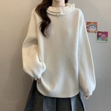 批发实拍~大码 胖MM<b class='q'>秋</b>冬新款设计感红色毛衣圆领木耳边套头针织衫