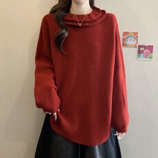 批发实拍~大码 胖MM<b class='q'>秋</b>冬新款设计感红色毛衣圆领木耳边套头针织衫