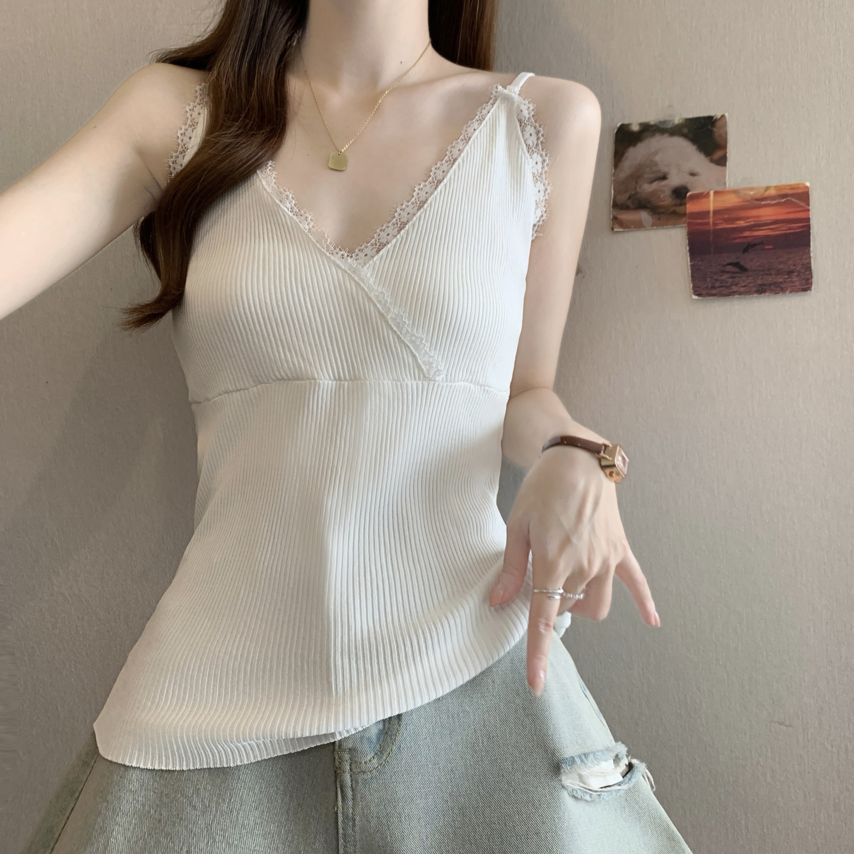 실사 빅 사이즈 지방 mm 새로운 디자인 센스 달콤한 스타일 인사이드 가져 가라. 노출 방지 조끼 슬립 슬림해 보이는 표지 고기 맨위