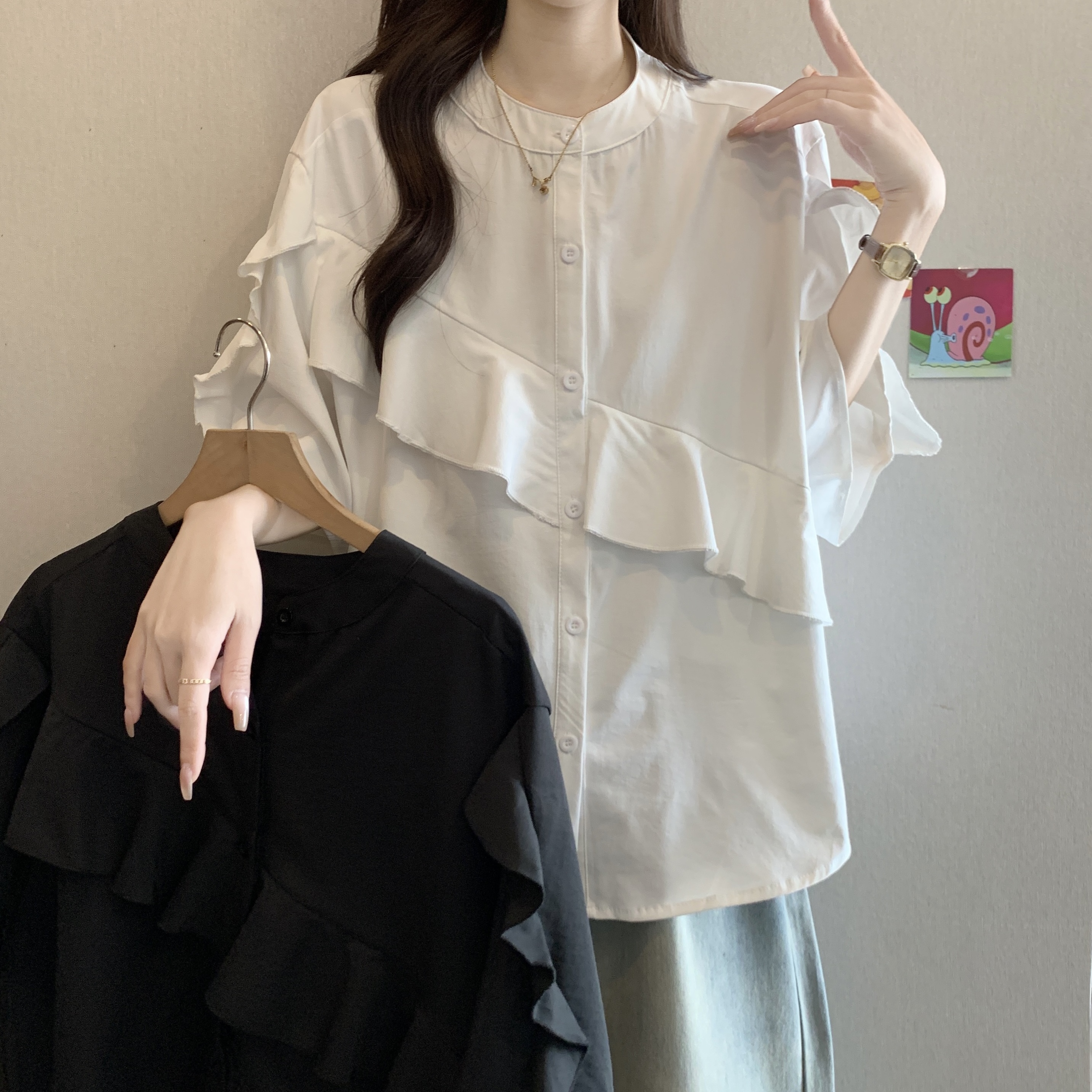 실사 빅 사이즈 새로운 디자인 센스 한 부서 프릴 캐주얼 셔츠 루즈핏 슬림해 보이는 다용도 맨위 여성