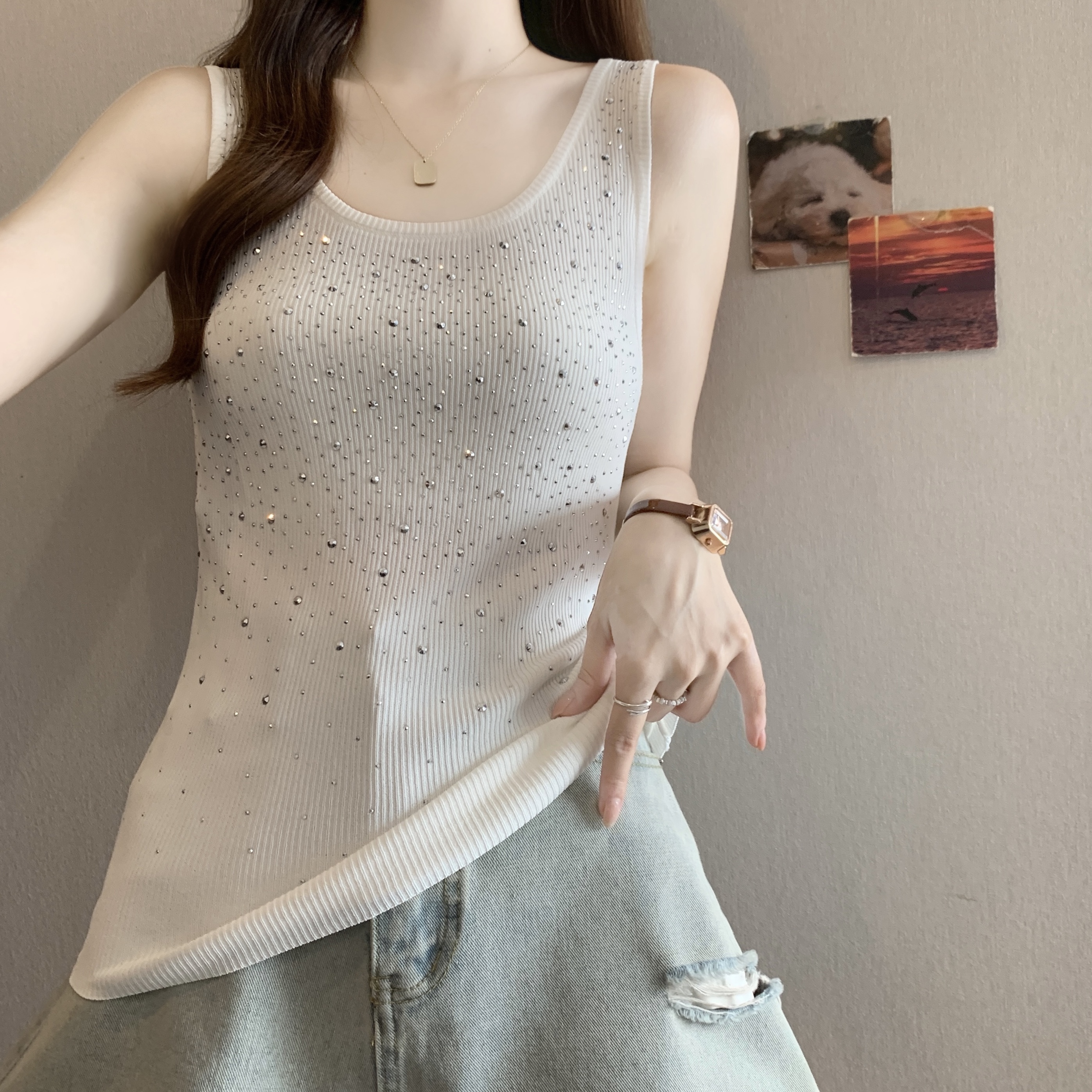 실사 빅 사이즈 새로운 디자인 센스 지방 mm 달콤한 스타일 핫픽스 인사이드 가져 가라. 조끼 슬립 슬림해 보이는 표지 고기 맨위 여성