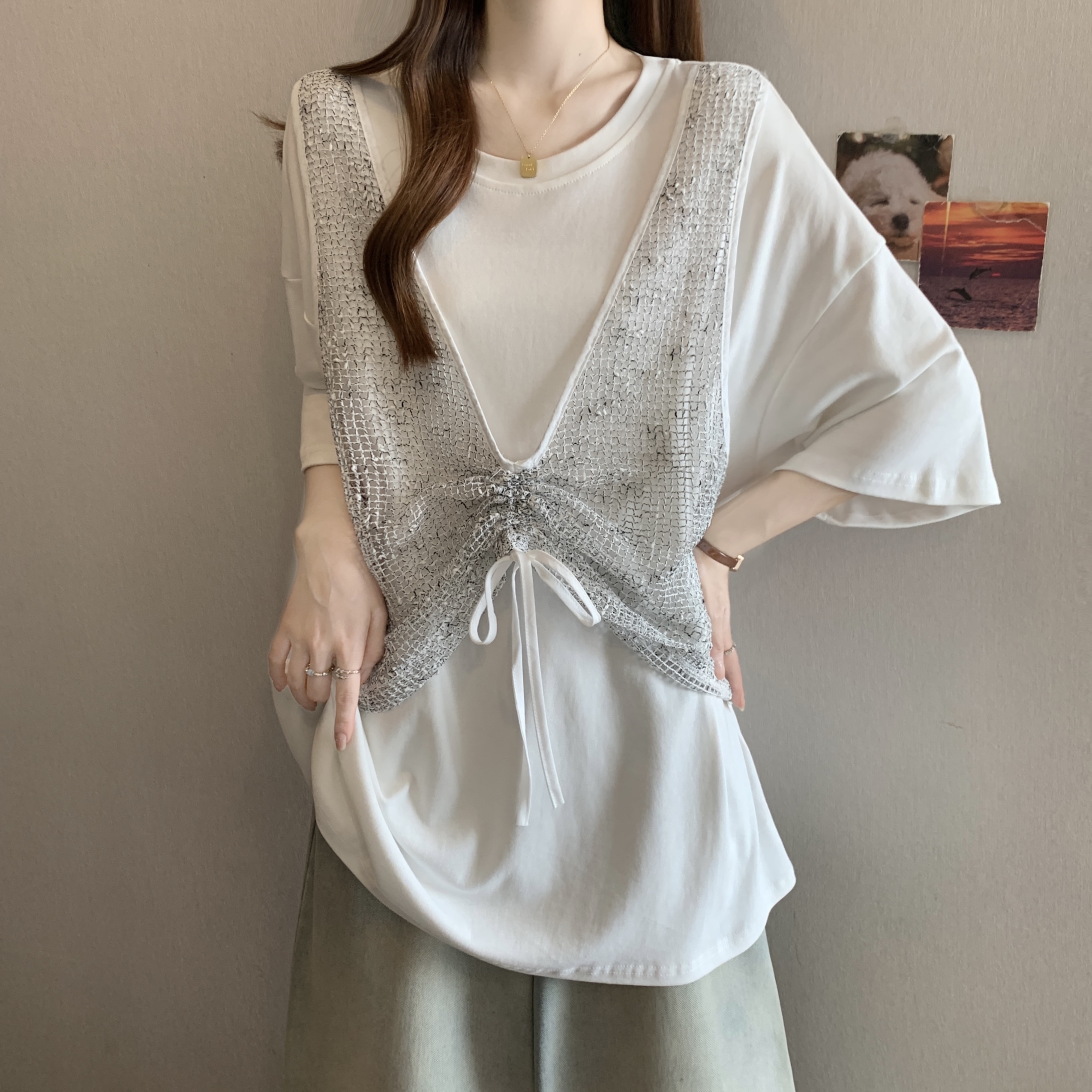 실사 빅 사이즈 새로운 디자인 센스 지방 mm 캐주얼 루즈핏 망사 패치워크 페이크 레이어드 슬림해 보이는 다용도 티셔츠 여성