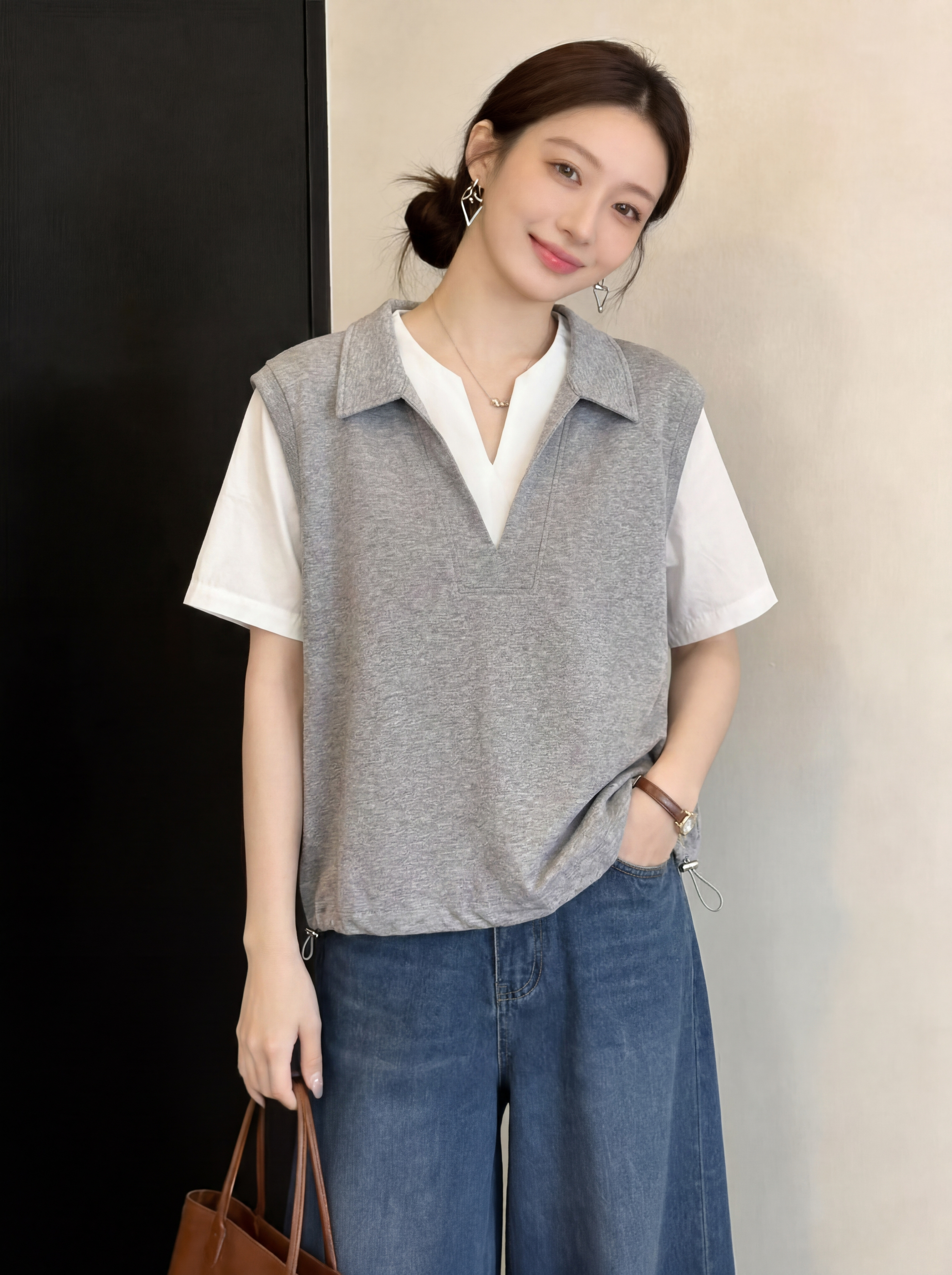 실사 빅 사이즈 새로운 디자인 센스 지방 mm 셔츠 패치워크 V넥 캐주얼 반팔 페이크 레이어드 표지 고기 슬림해 보이는 맨위