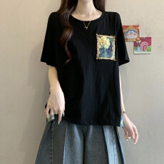 批发实拍~大码新款设计感胖MM拼色短袖宽松遮肉显瘦百搭上衣女