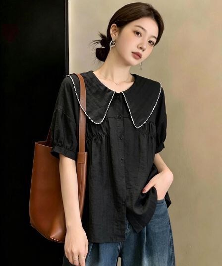 실사 빅 사이즈 새로운 디자인 센스 지방 mm 해군 칼라 자수 싱글 줄 버튼 셔츠 루즈핏 슬림해 보이는 다용도 맨위