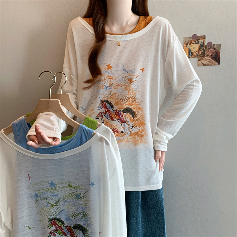 실사 빅 사이즈 새로운 디자인 센스 지방 mm 얼음 실크 Tulle 프린트 태양 보호 셔츠 여성 인사이드 가져 가라. 투피스 조끼