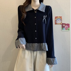 批发实拍~大码 胖MM秋<b class='q'>冬</b>新款设计感小众格子拼接小衫遮肉显瘦百搭上衣
