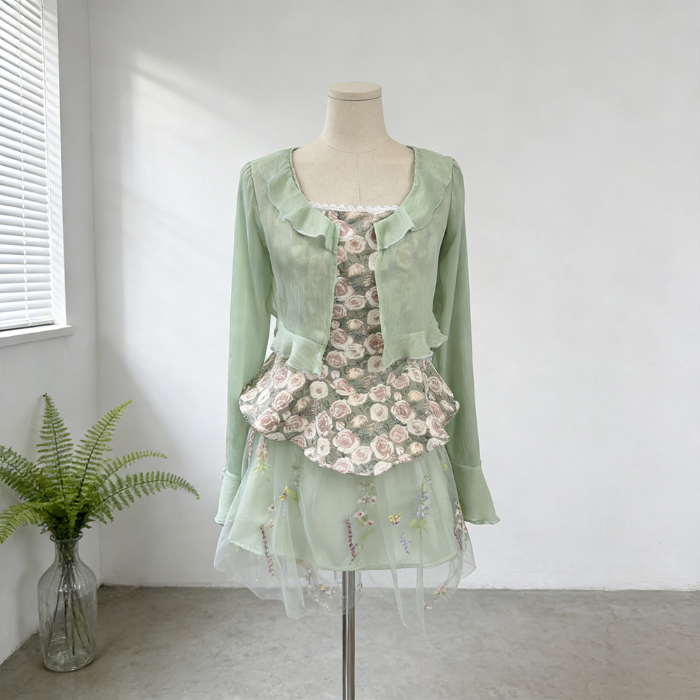 유화 부드러운 실 직물 돼지 오리지널 이른 봄 녹색 자수 페이크 레이어드 슬립 드레스 자카드 조끼 스커트