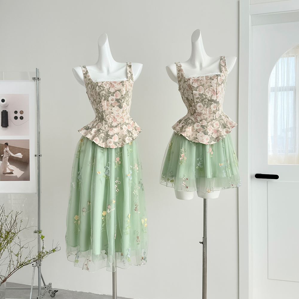 유화 부드러운 실 직물 돼지 오리지널 이른 봄 녹색 자수 페이크 레이어드 슬립 드레스 자카드 조끼 스커트