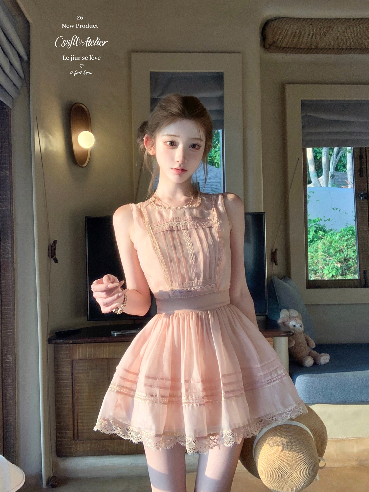 늦게 우산 우산 26 ss 첫눈 복숭아 복숭아 복숭아 핑크색 레이스 조각 민소매 반팔 퍼프 드레스 미니 스커트
