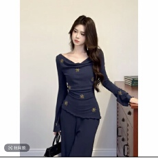 批发木子李的李鎏光星河早秋新款长袖荡领亲肤上衣高腰阔腿长裤<b class='q'>套装</b>