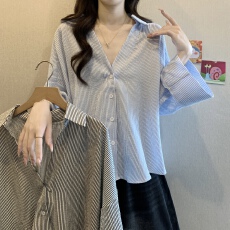 批发胖妹妹大码女装条纹衬衫女夏韩版宽松显瘦七分袖上衣<b class='q'>短袖</b>雪纺衬衣