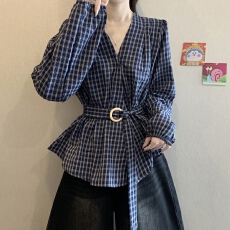 批发大码秋装<b class='q'>韩版</b>不规则格子配腰带收腰<b class='q'>衬衫女</b>遮肚子上衣