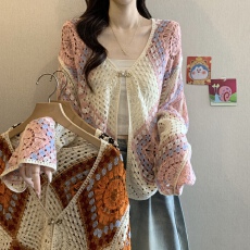 批发大码胖mm钩花镂空针织开衫女秋季新款波西米亚度假风长袖上衣<b class='q'>罩衫</b>