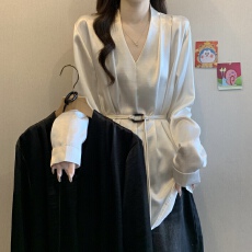 批发高级醋酸缎面飘带V领长袖衬衫早秋2026新款大码女装胖MM收腰上衣