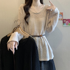 批发法式镂空收腰长袖针织衫女<b class='q'>秋</b>季大码胖mm显瘦设计感慵懒风罩衫上衣