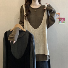 批发假两件慵懒风灰色针织衫女2026春款大码胖mm吊带叠穿上衣