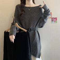 批发美拉德咖色斜肩露肩<b class='q'>针织</b>衫毛衣女2026早秋大码胖mm带皮带收腰上衣