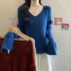 批发大码设计感小众针织衫女<b class='q'>春</b>秋时尚气质喇叭袖洋气毛衣V领流行上衣