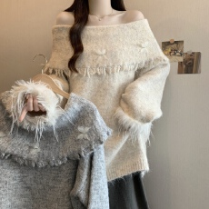 批发马海毛针织衫<b class='q'>一字肩</b>毛衣女2025秋冬新款大码胖mm中长款上衣时尚