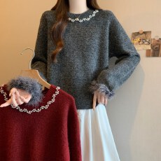 批发重工钉珠针织<b class='q'>打底衫</b>毛衣女秋冬时尚2025大码胖mm显瘦毛毛拼接上衣