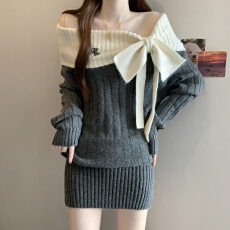 批发法式灰色一字肩针织连衣裙子女秋冬季2025大码巨好看气质包臀短裙