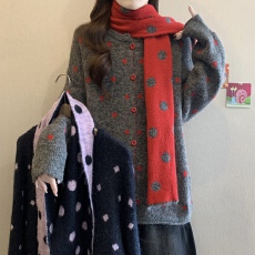 批发带围巾针织开衫毛衣外套女秋冬2025大码胖mm显瘦减龄漂亮波点上衣