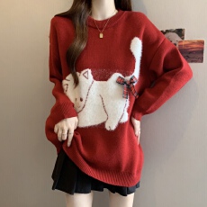 红色小猫针织毛衣女秋冬季新年小个子慵懒胖mm打底衫上衣冬季穿搭
