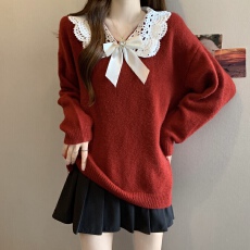 批发红色<b class='q'>蕾丝</b>娃娃领针织打底衫毛衣女秋冬2025大码胖mm法式蝴蝶结上衣