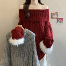 批发新年一字肩红色毛衣女秋冬<b class='q'>大码</b>胖mm宽松中长款遮屁股针织短裙上衣