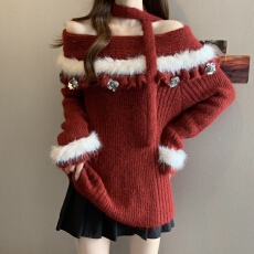 批发红色一字领露肩<b class='q'>针织衫</b>毛衣女秋冬新款<b class='q'>大码</b>胖mm高级感挂脖飘带上衣