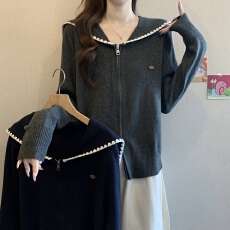 批发超好看海军领正肩针织开衫外套女2025早秋新款<b class='q'>大码</b>胖mm双拉链上衣