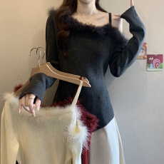 批发韩版秋冬胖mm新款<b class='q'>大码</b>修身针织长袖吊带露肩毛领设计打底衫上衣