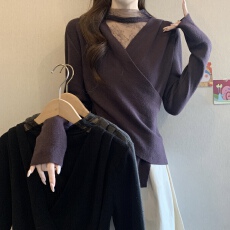 批发<b class='q'>大码</b>韩系V领蕾丝拼接<b class='q'>针织衫</b>女秋季修身内搭打底衫绝美巨好看上衣