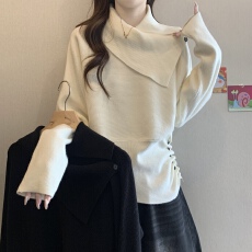 批发<b class='q'>大码</b>高级感气质设计感不规则翻领<b class='q'>针织衫</b>冬季新款通勤简约长袖毛衣