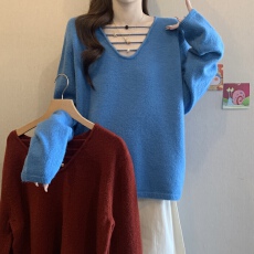 批发欧洲站2025<b class='q'>大码</b>新款韩版V领长袖纯色简约休闲羊毛<b class='q'>针织衫</b>上衣女
