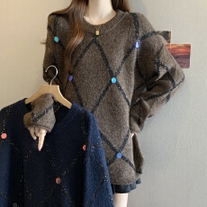 批发新品高级感亮片菱格毛衣女秋冬新款大码胖mm宽松慵懒风针织衫上衣