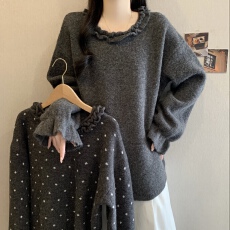 批发大码女装韩版木耳边波点长袖加厚内搭毛衣秋冬打底衫宽松显瘦上衣
