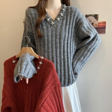 批发大码感重工钉珠v领毛衣女秋冬款套头马海毛针织衫慵懒松弛感上衣