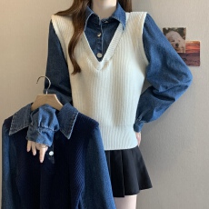 批发大码假两件长袖衬衫女秋季胖妹妹宽松显瘦学院风上衣潮