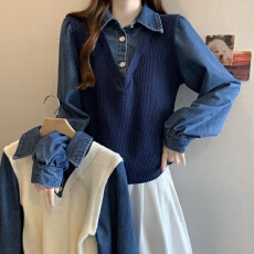 批发复古牛仔翻领拼接假两件毛衣女小个子2025秋冬大码新款显瘦针织衫