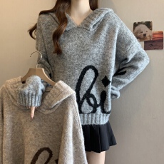 批发大码法式美拉德蝴蝶结连帽针织衫女秋冬胖mm显瘦宽松慵懒毛衣上衣