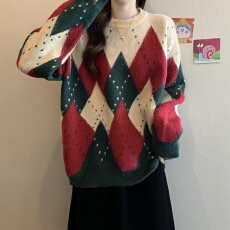 批发大码2025秋冬季新款复古菱格撞色圣诞毛衣女慵懒风宽松针织衫长袖