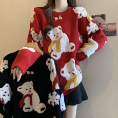 批发大码韩版设计感甜美可爱小熊提花圆领针织衫女可爱2025秋冬季毛衣
