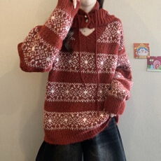 批发红色费尔岛V领针织毛衣打底衫内搭冬季新款大码圣诞可外穿上衣女