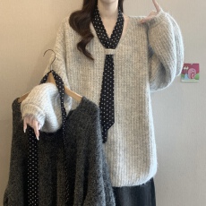 批发高级感丝巾V领毛衣女早秋款大码胖mm中长款遮屁股上衣打底针织衫