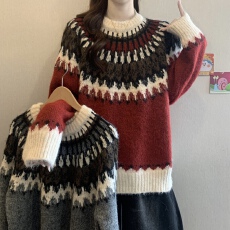 批发松弛感圆领套头毛衣女宽松秋装新款大码红色叠穿费尔岛针织上衣